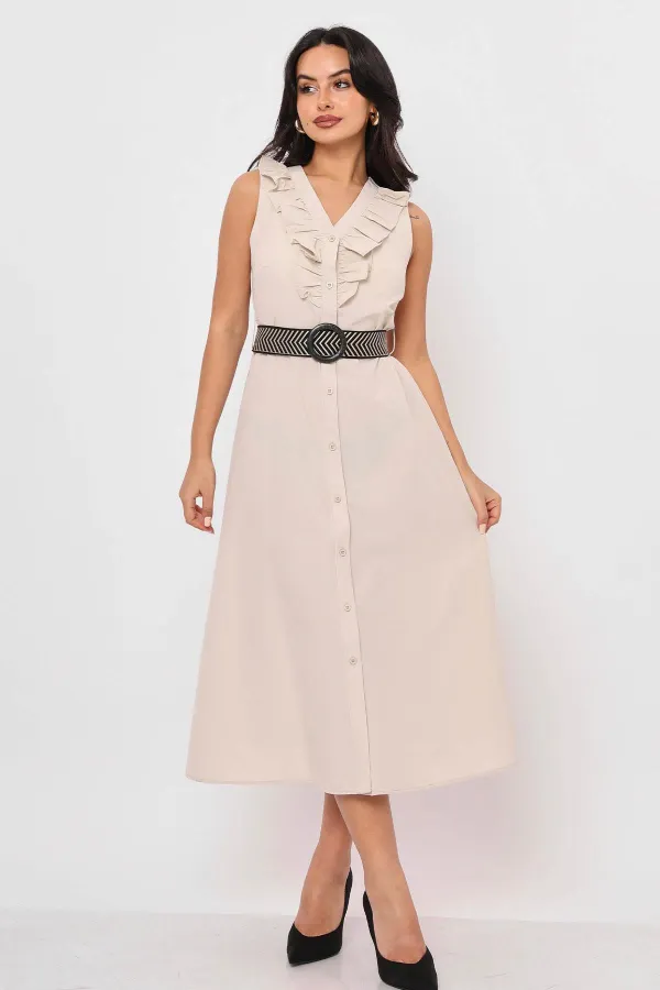 Kadın Bej Yaka Fırfırlı Önü Düğmeli Kolsuz Poplin Kumaş Uzun Elbise