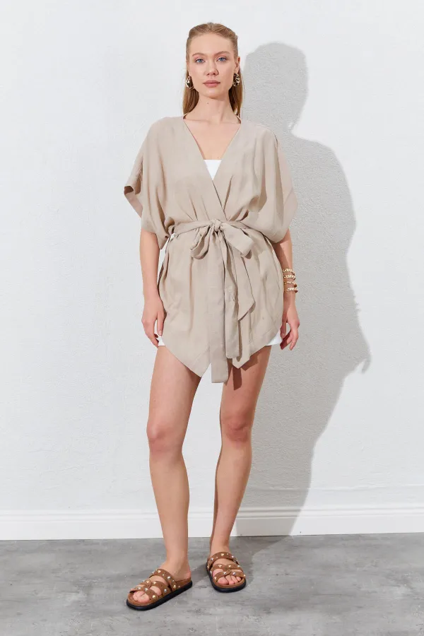 Kadın Koyu Bej Düşük Kol Kuşaklı Kimono