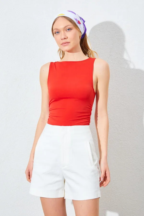 Kadın Kırmızı Kayık Yaka Yanları Büzgülü Sandy Bluz