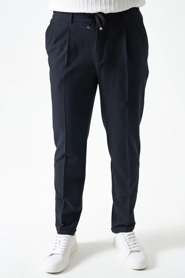 Erkek V002-Lacivert Yandan Lastikli Keten Efektli Tristan Dokuma Tek Pileli Duble Paça Pantolon