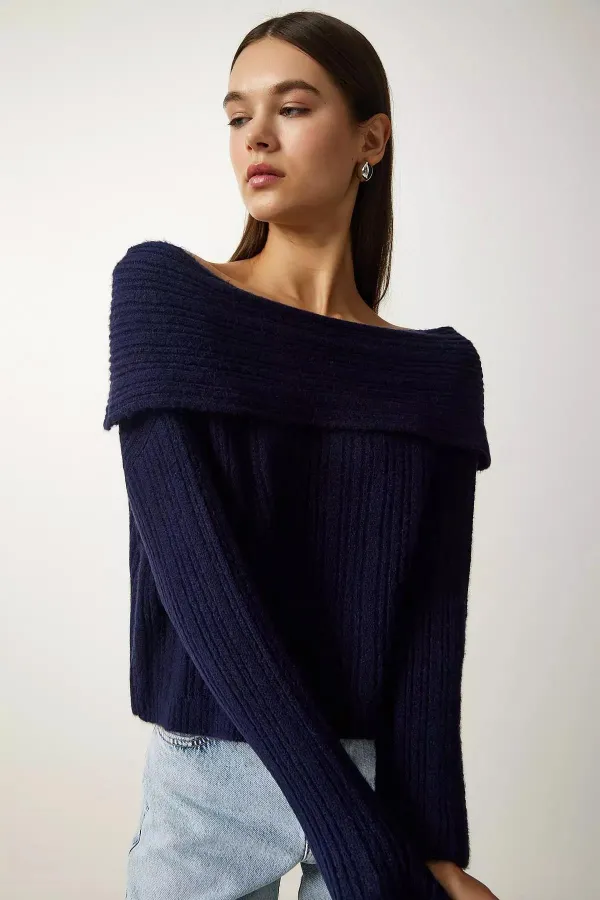 Kadın Lacivert Degaje Yaka Fitilli Triko Kazak