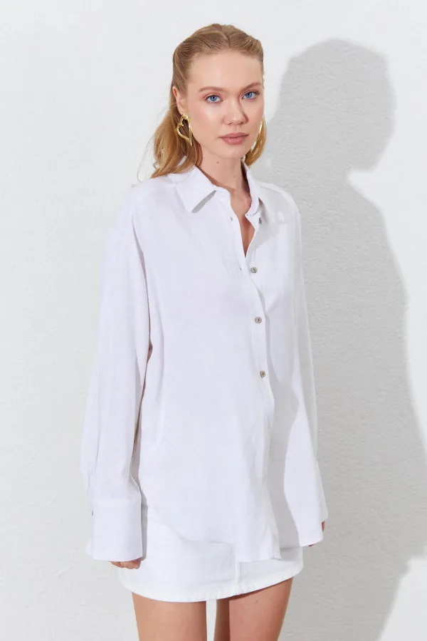 Kadın Naturel Oversize Keten Gömlek