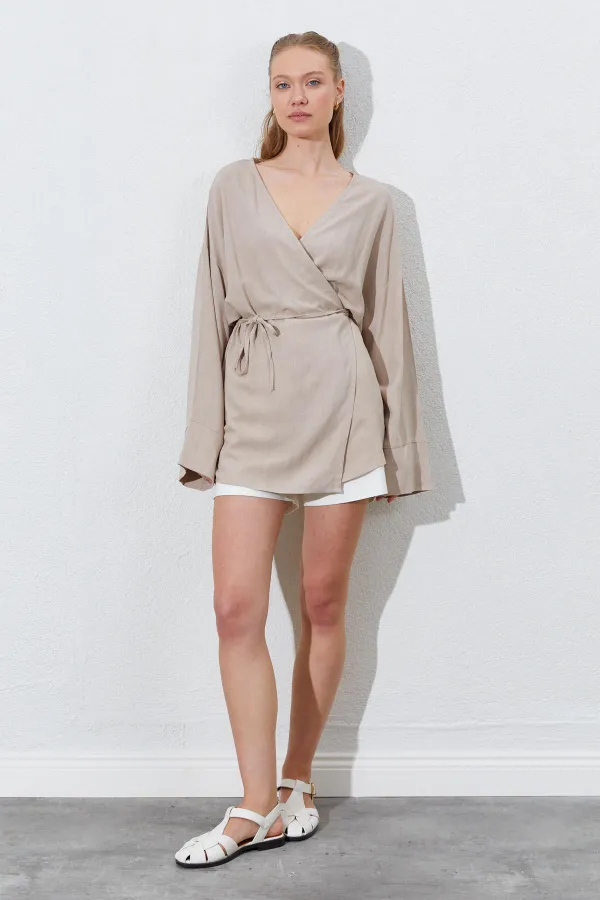 Kadın Koyu Bej Kruvaze Yaka İp Bağlamalı Ceket