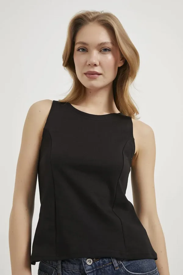 Kadın Siyah Kayık Yaka Bel Oturtmalı Licralı Peplum Bluz