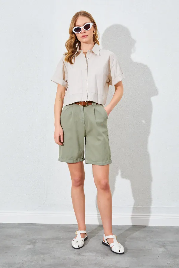 Kadın Taş Çift Cepli Düşük Kol Crop Gömlek