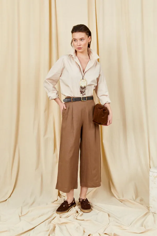 Women's Coffee Brown Belt Detail Double Pleated Bemuda Linen Trousers