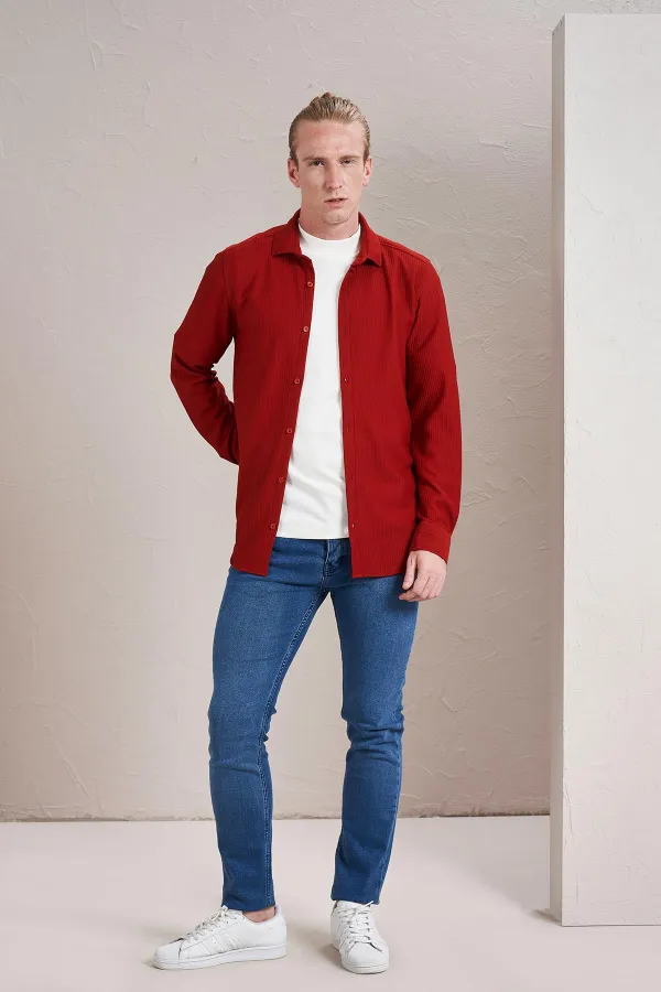 Chemise rouge à manches longues pour homme, coupe slim, sans poches, de style ottoman