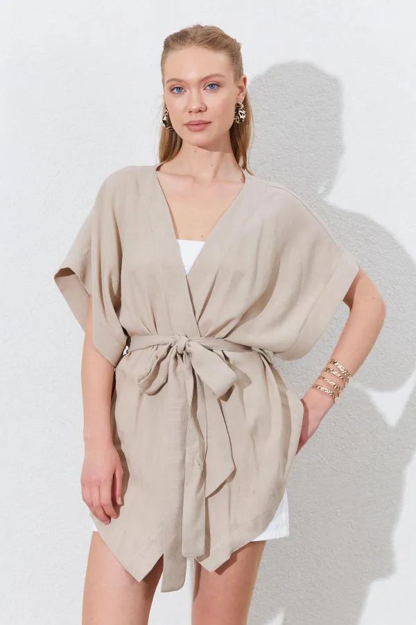 Kadın Koyu Bej Düşük Kol Kuşaklı Kimono