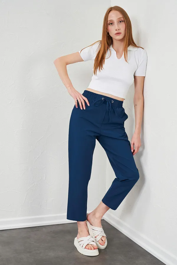 Kadın İndigo Beli Bağlamalı Havuç Paça Poplin Pantolon