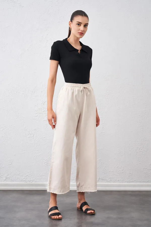 Kadın Taş Beli Bağlamalı Geniş Piş Dikişli Paça Pantolon