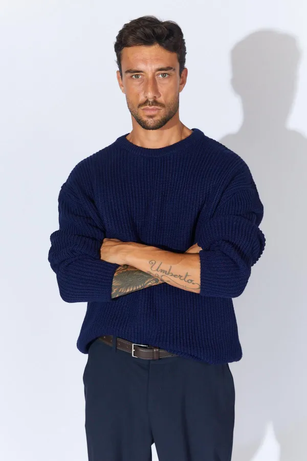 Pull en maille à col rond bleu marine pour homme (TRZ050)