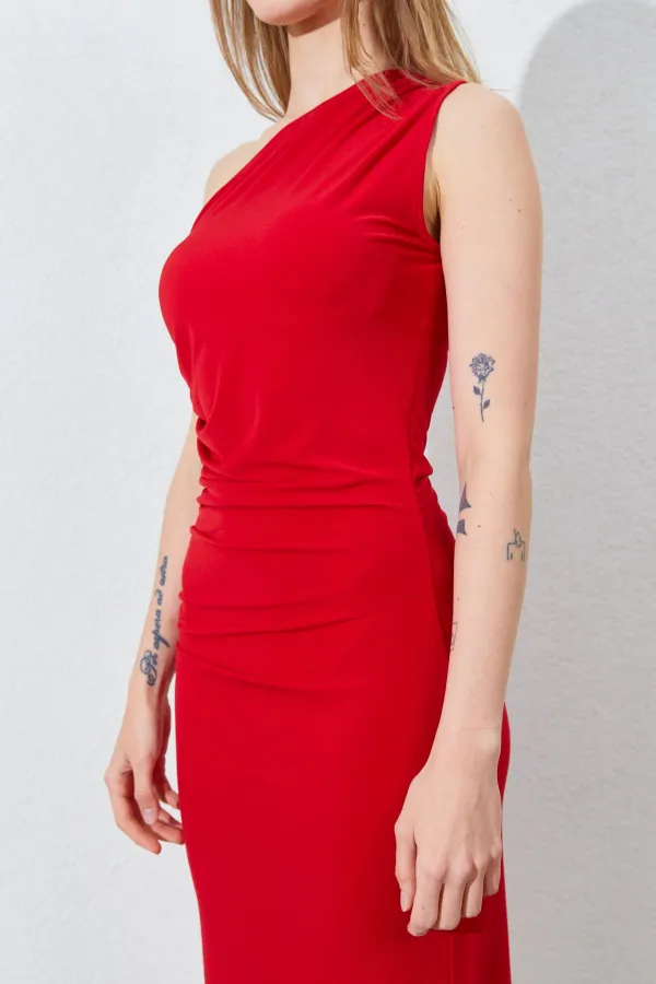 Kadın Kırmızı Tek Omuz Yanı Drapeli Sandy Elbise