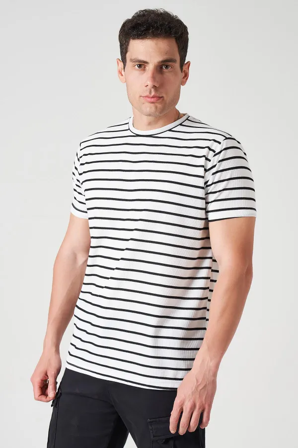 Erkek Siyah Bisiklet Yaka Ringel Mini Waffle Tişört