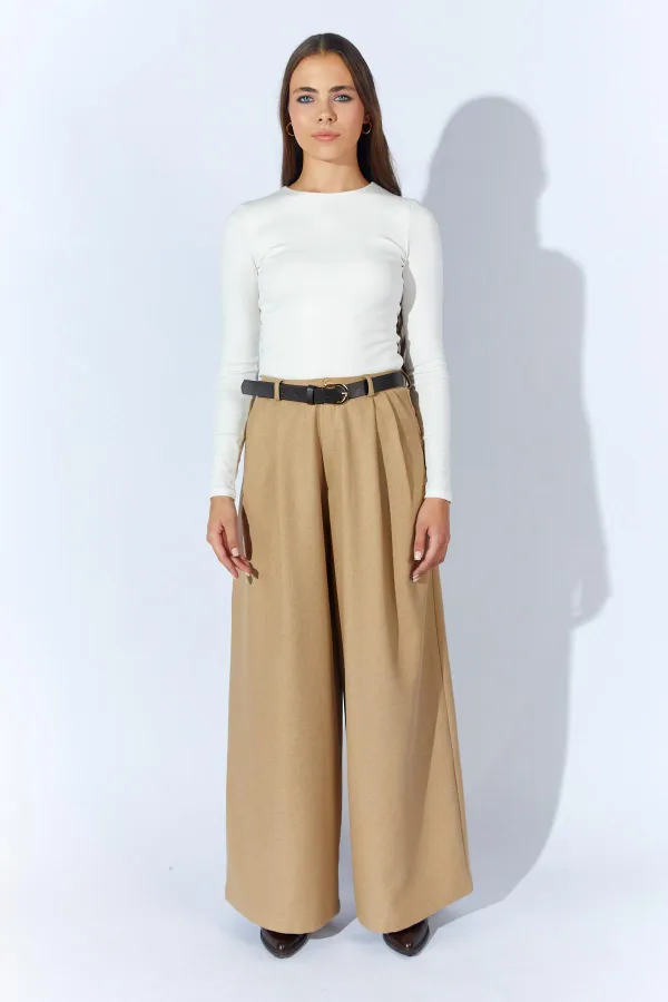 Kadın Bej Beli Kalın Kemer Palazzo Pantolon