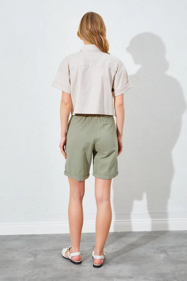 Kadın Taş Çift Cepli Düşük Kol Crop Gömlek