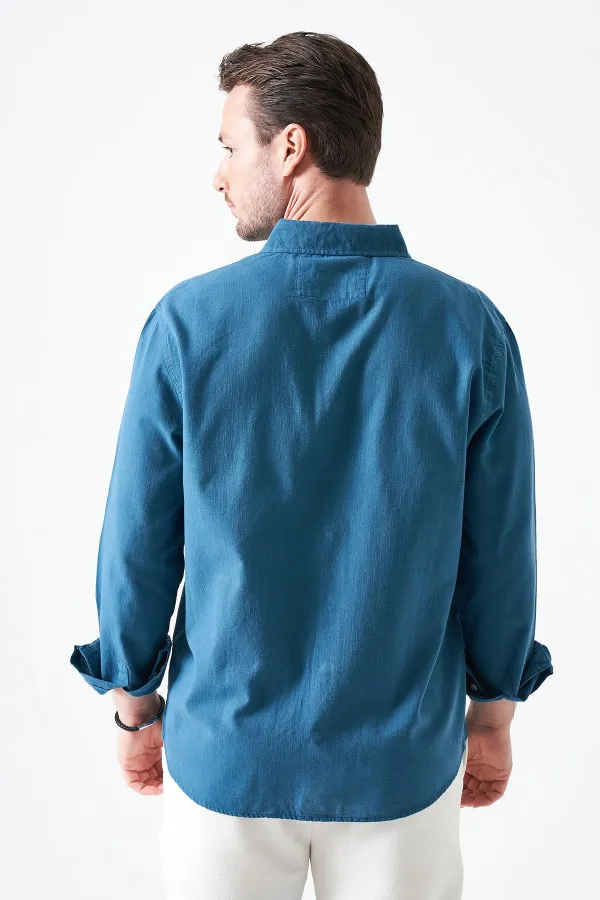 Erkek Petrol Uzun Kol Basic Pamuk Flam Regular Gömlek