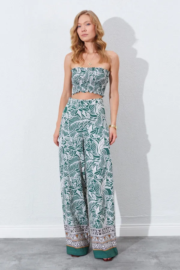 Kadın Haki Croplu-Palozzo Pantolonlu Desenli Takım