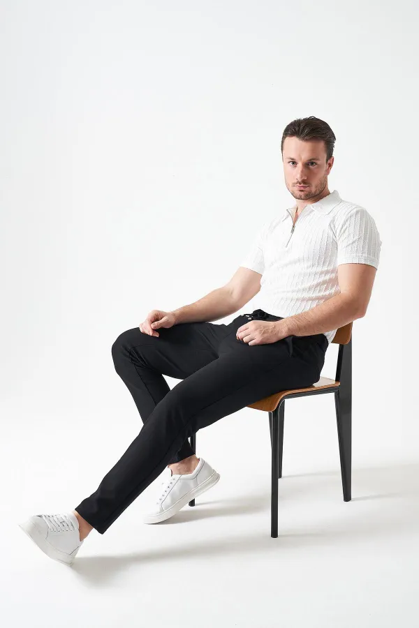 Erkek Siyah Beli Yarım Lastikli Mendi Örme Jakar Pantolon