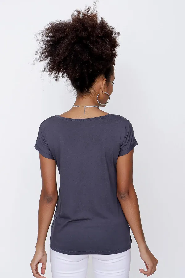 T-shirt ample à col en V gris fumé pour femme