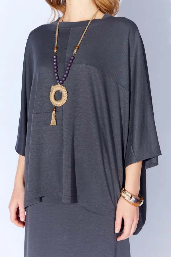 Kadın Antrasit 172 Düşük Kol Bluzlu Uzun Pike Modal Etekli Takım