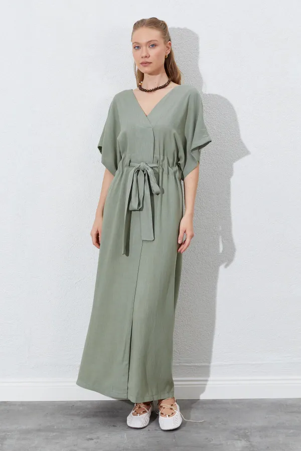 Kadın Haki Düşük Kol Beli Tünel Kemerli Keten Uzun Elbise