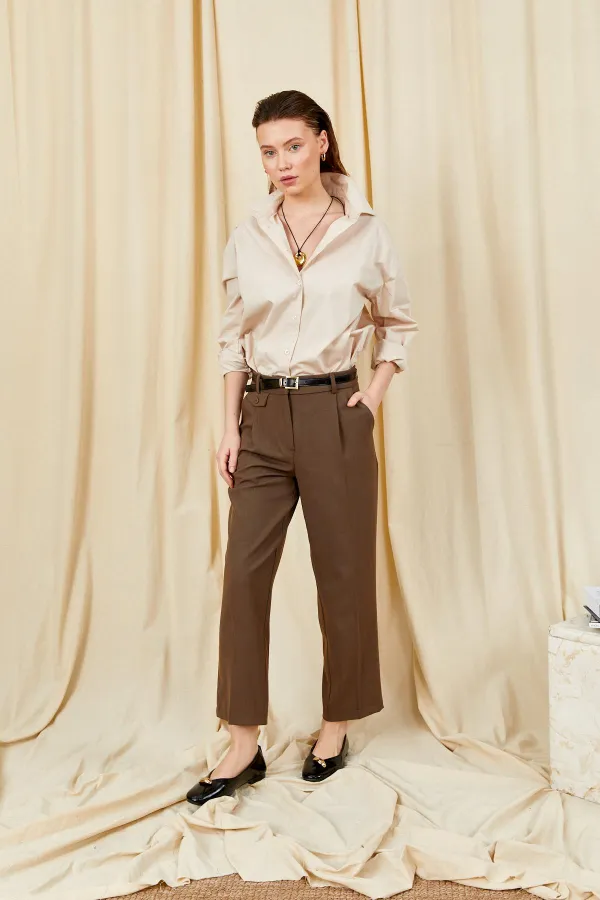 Kadın Açık Kahve 3523 Cep Görünümlü Çift Fletolu  Kemerli Joger Pantolon