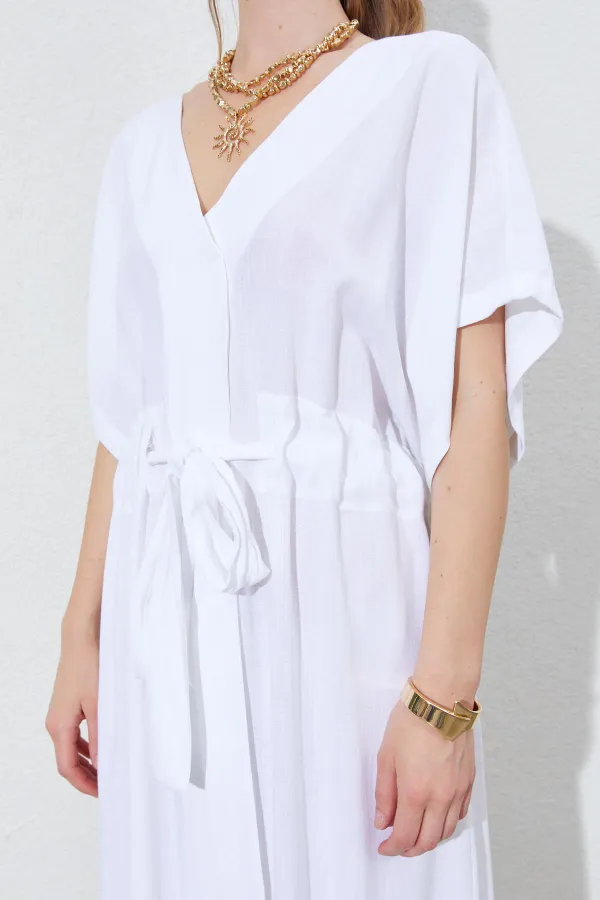 Kadın Beyaz Düşük Kol Beli Tünel Kemerli Keten Uzun Elbise