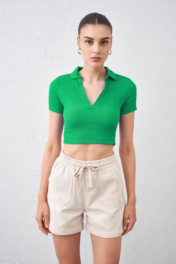Kadın Benetton Yeşil Polo Yaka Bürümcük Kumaş Crop