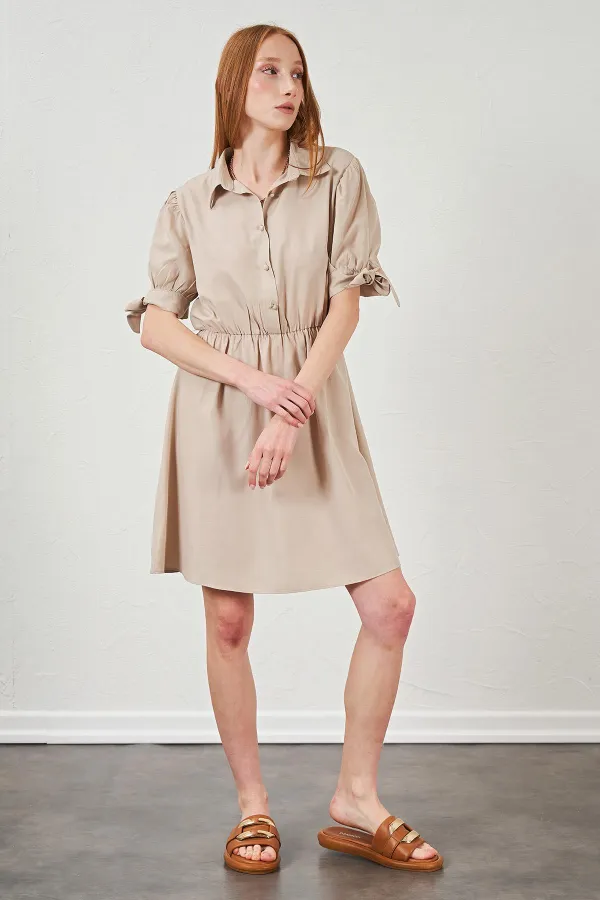 Kadın Bej Kolları Bağlamalı Poplin Elbise