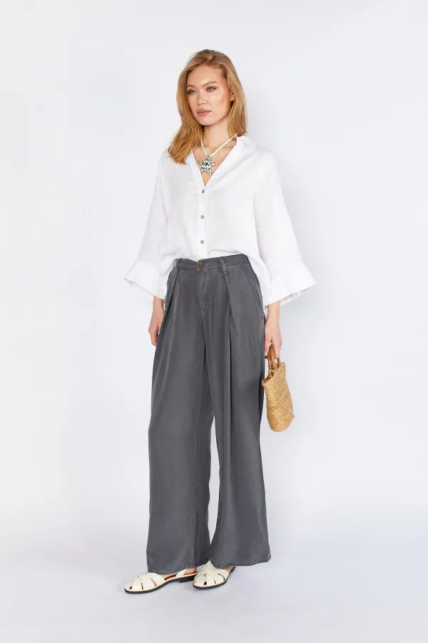 Women's Anthracite YP5115 Double Pleated Wide Leg Tencel Trousers