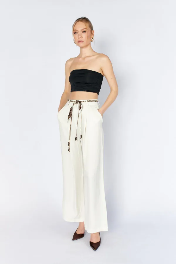 Kadın Krem Beli Fular Kemerli Floş Saten Bol Paça Pantolon