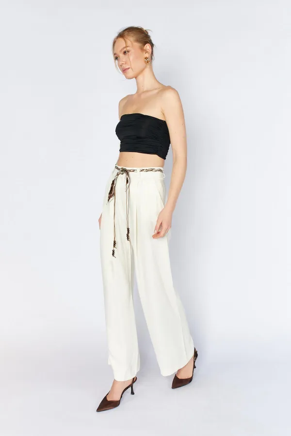 Kadın Krem Beli Fular Kemerli Floş Saten Bol Paça Pantolon