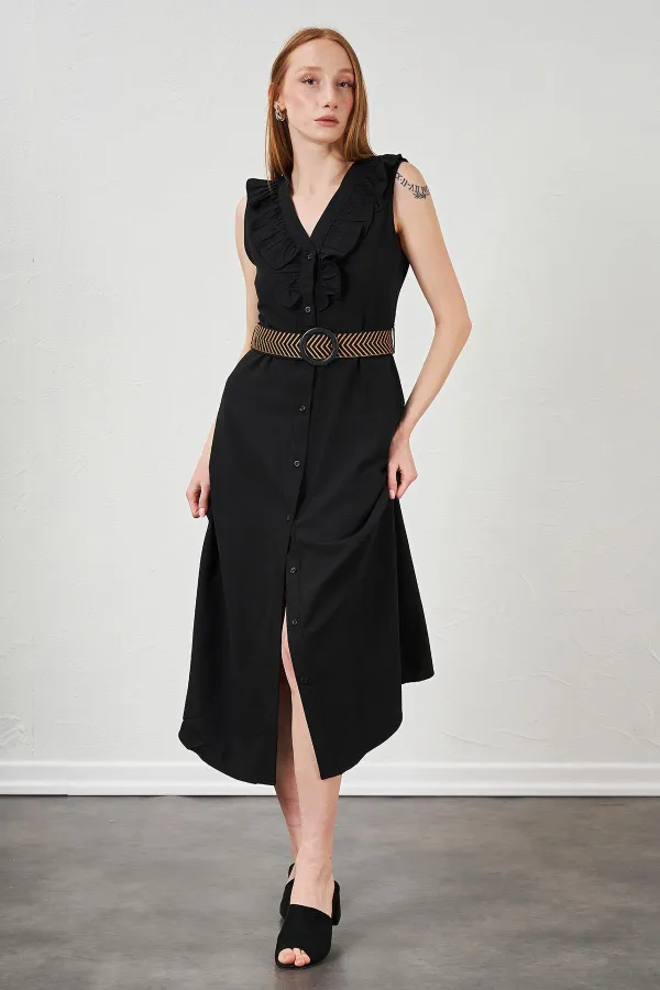 Kadın Siyah Yaka Fırfırlı Önü Düğmeli Kolsuz Poplin Kumaş Uzun Elbise