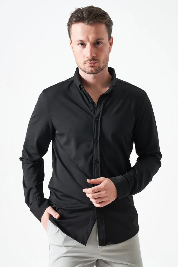 Erkek Siyah Uzun Kol Ripaş Dalgıç Slim Fit Gömlek