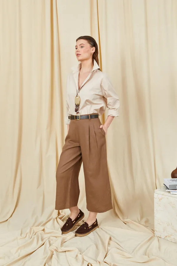 Women's Coffee Brown Belt Detail Double Pleated Bemuda Linen Trousers