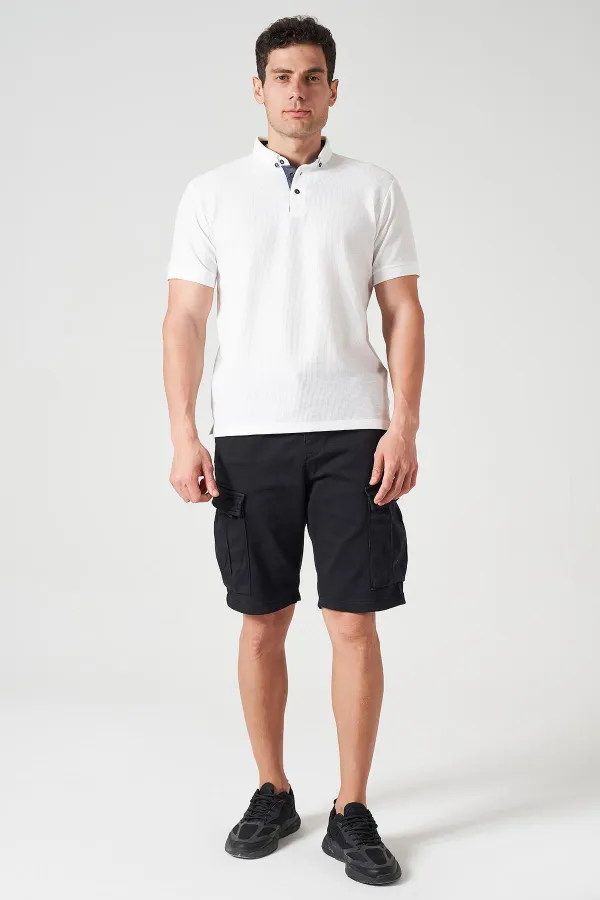 Short cargo noir en maille pour homme avec taille côtelée