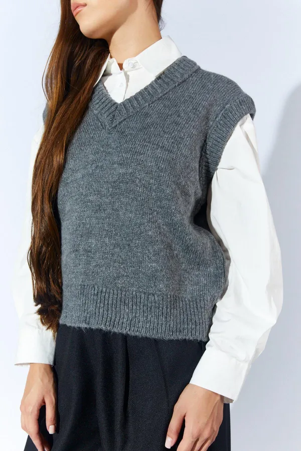 Kadın Antrasit V Yakalı Basic Süveter