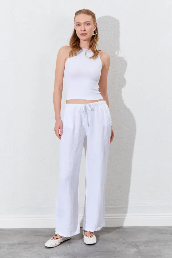 Women's White Linen Wide Leg Trousers with Drawstring Waist and Side Pockets