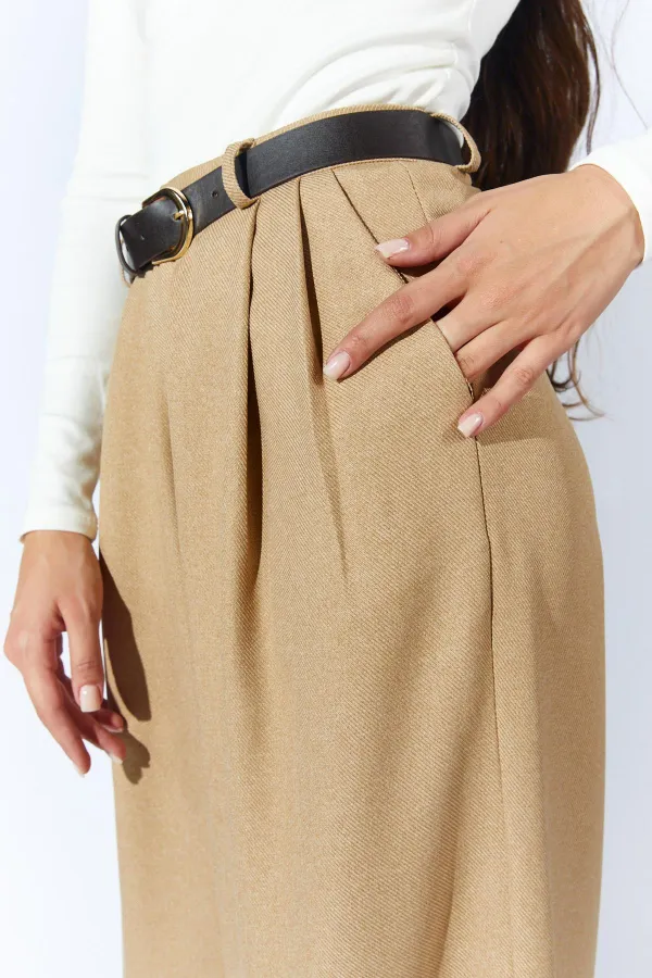 Kadın Bej Beli Kalın Kemer Palazzo Pantolon