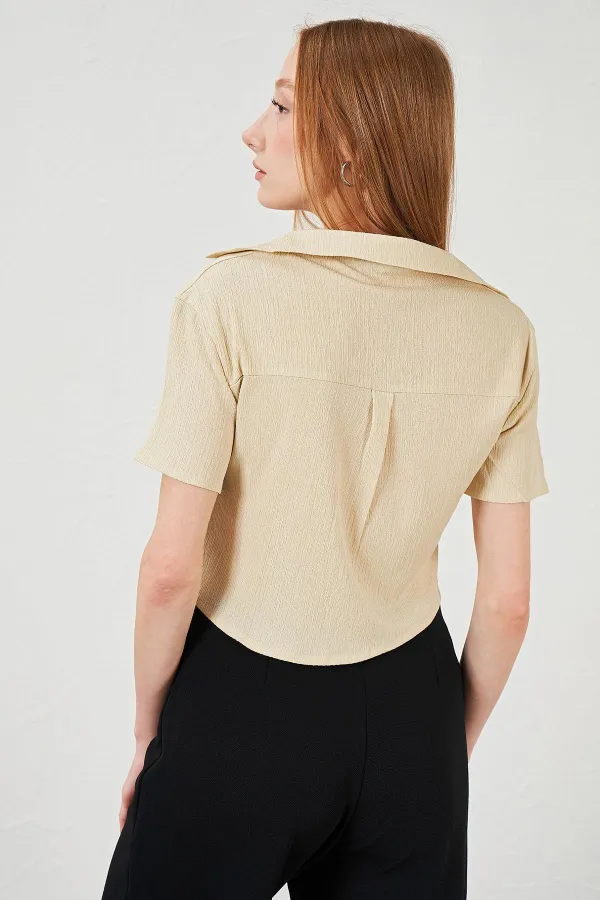 Kadın Taş Bürümcük Tek Cep Crop Gömlek