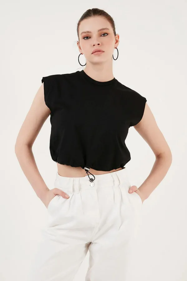 Kadın Siyah Eteği Stoplu Düşük Kol Süprem Tişört