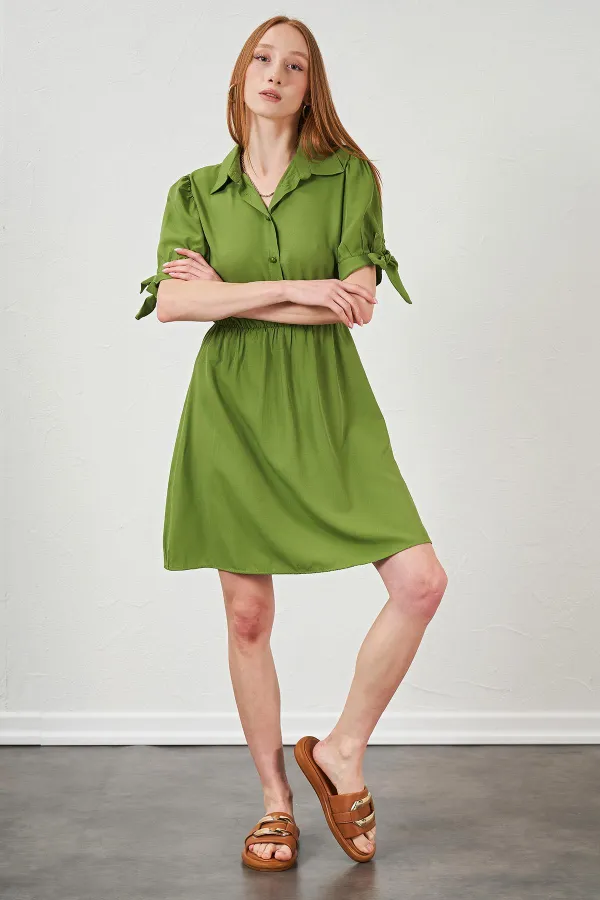 Kadın Petrol Yeşili Kolları Bağlamalı Poplin Elbise