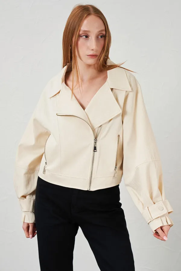 Kadın Naturel Yan Fermuarlı Kol Manşetli Balık Sırtı Gabardin Ceket