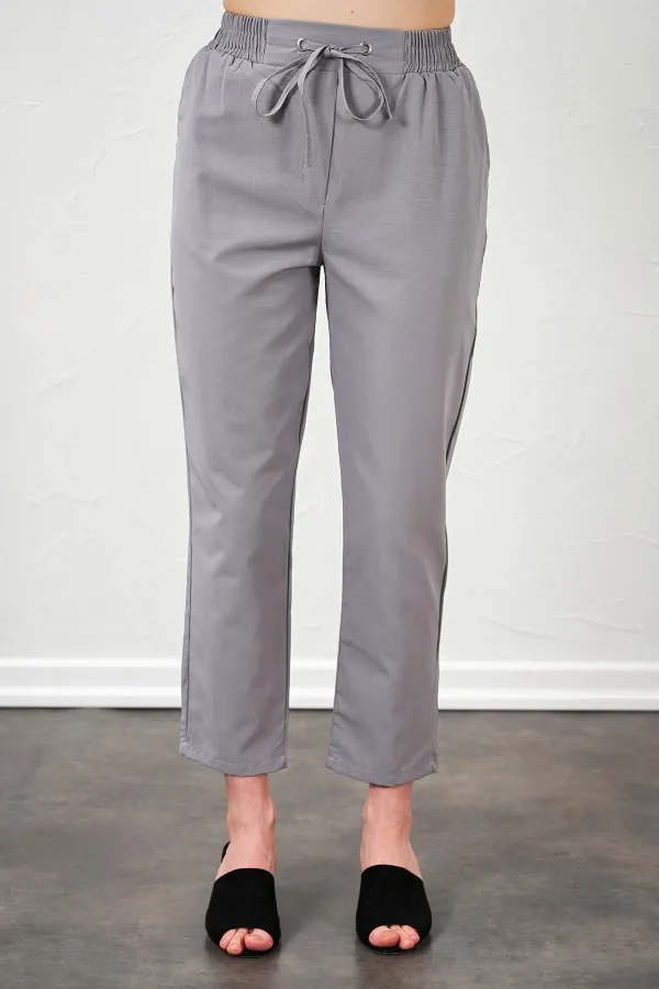 Kadın Gri Beli Bağlamalı Havuç Paça Poplin Pantolon
