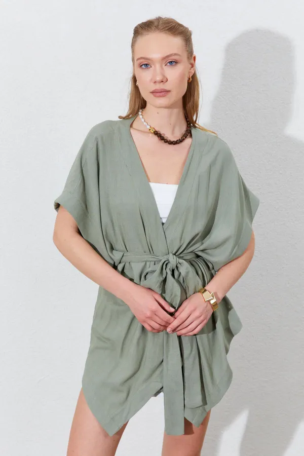 Kadın Haki Düşük Kol Kuşaklı Kimono