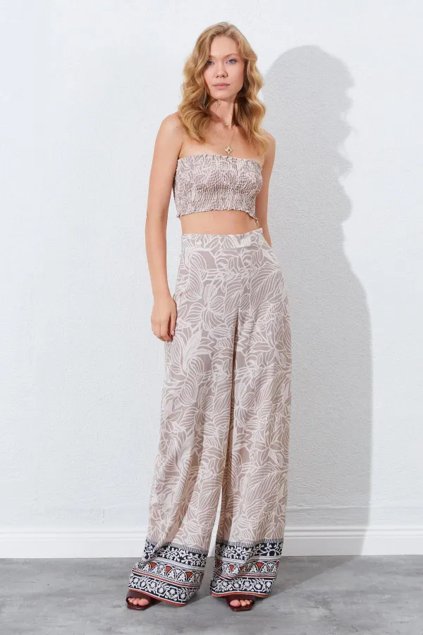 Kadın Vizon Croplu-Palozzo Pantolonlu Desenli Takım