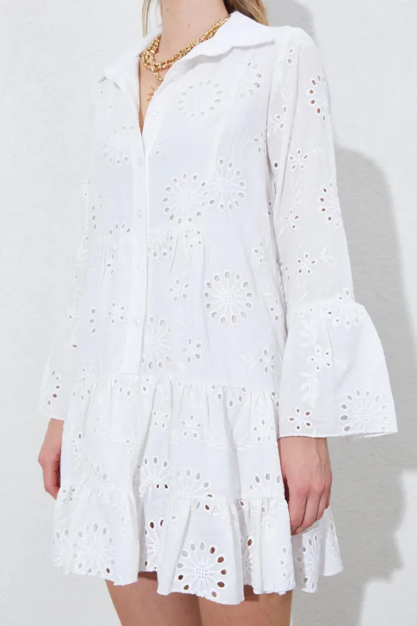 Kadın Ekru Fistolu Gömlek Elbise