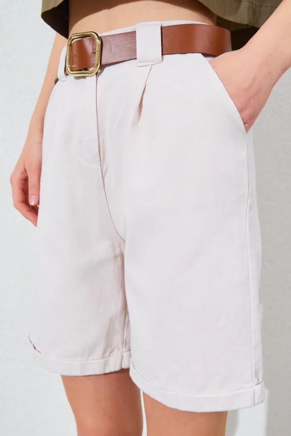 Kadın Taş Yüksel Bel Beli Kemerli Gabardin Şort
