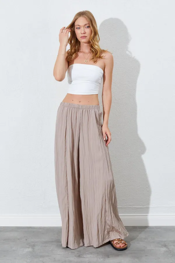 Kadın Vizon Beli Lastikli Bol Paça Kırışık Pantolon