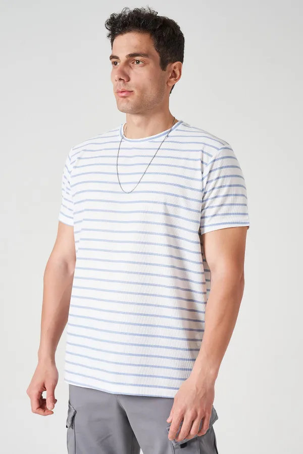 Erkek Mavi Bisiklet Yaka Ringel Mini Waffle Tişört